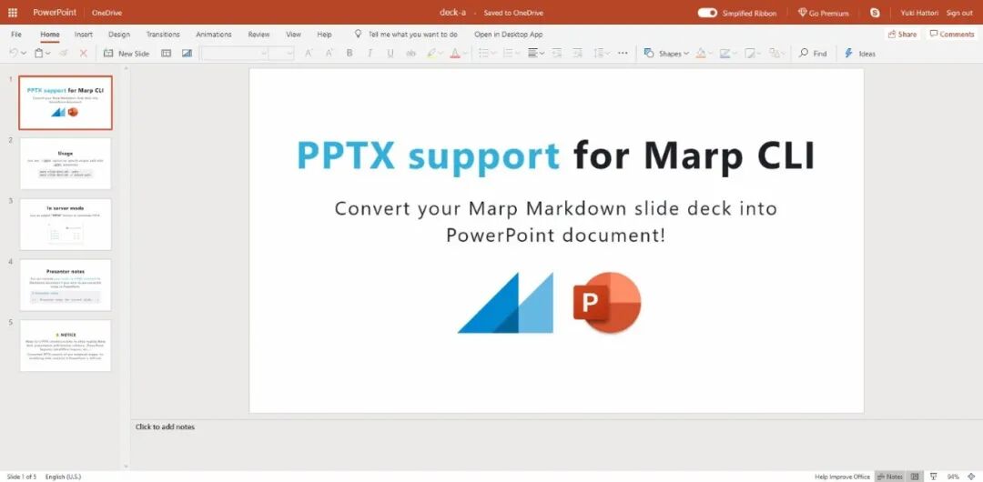 Marp 将 Markdown 内容导出为 PPTX 的界面示例