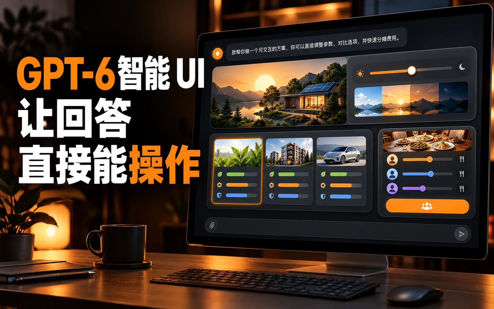 GPT-6 Intelligent UI 暖橙色交互界面，展示 ChatGPT 生成可操作图表与表单