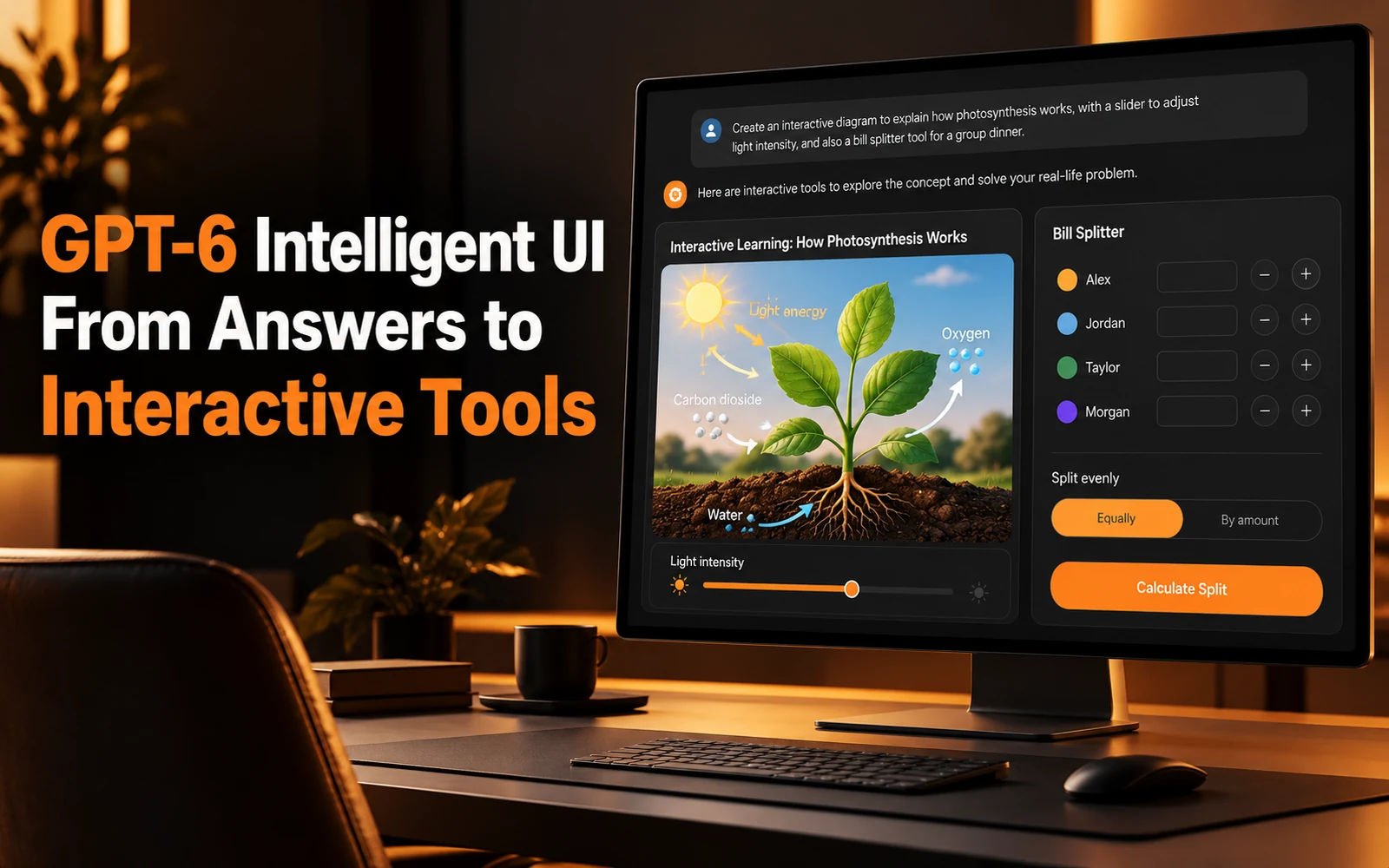 Warm orange GPT-6 Intelligent UI screen with interactive charts, controls, and ChatGPT answer