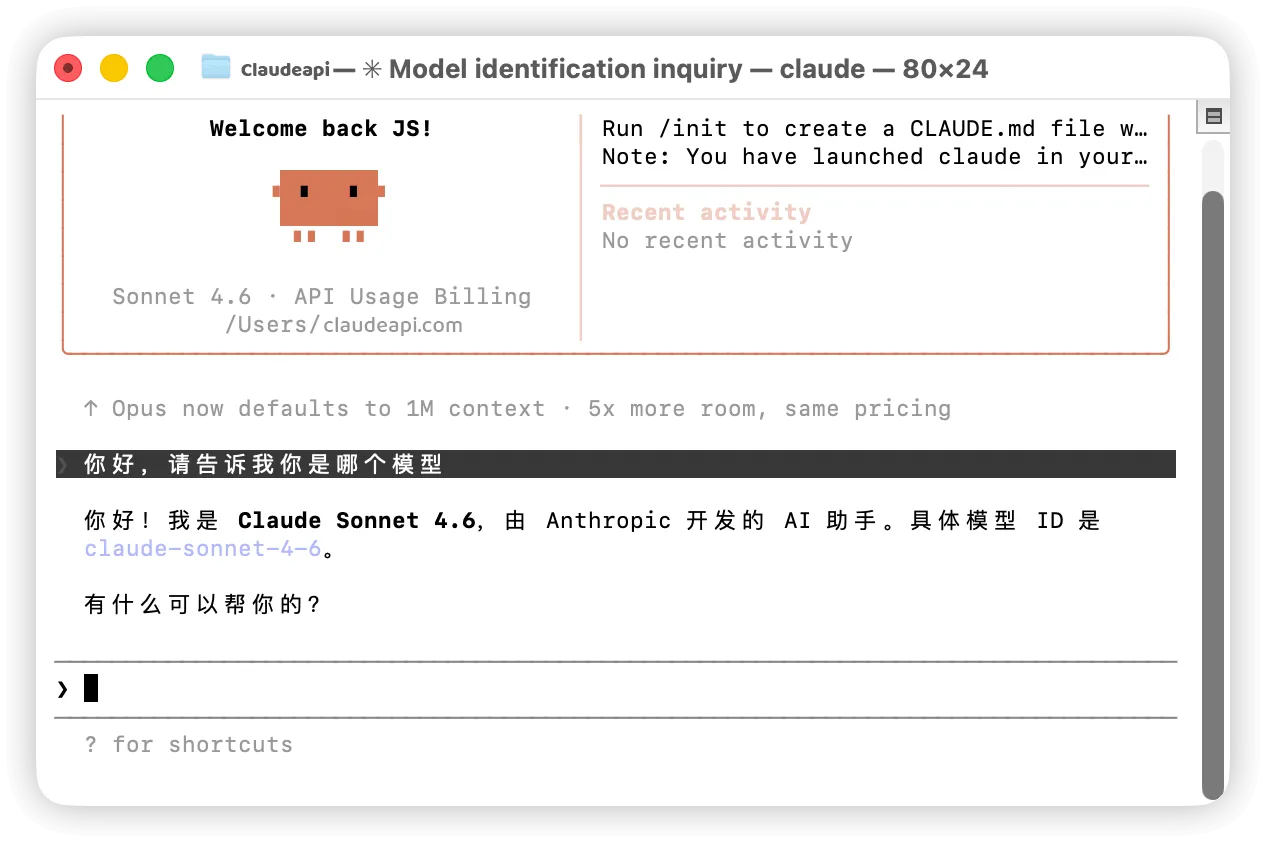 Claude Code 国内运行成功界面截图：终端中显示 Claude Opus 4.6 模型正常回复中文