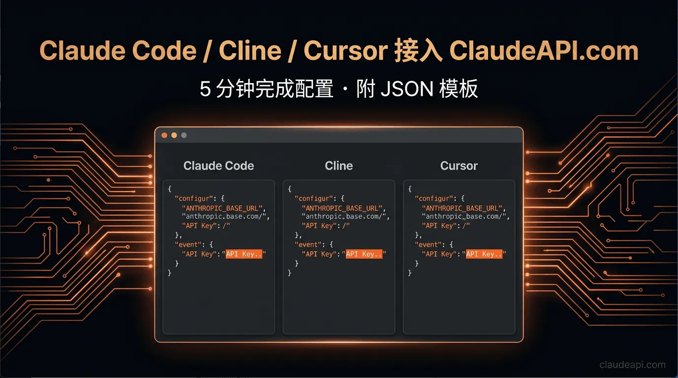  Claude Code / Cline / Cursor 接入 ClaudeAPI.com：5分钟完成配置（附JSON模板）