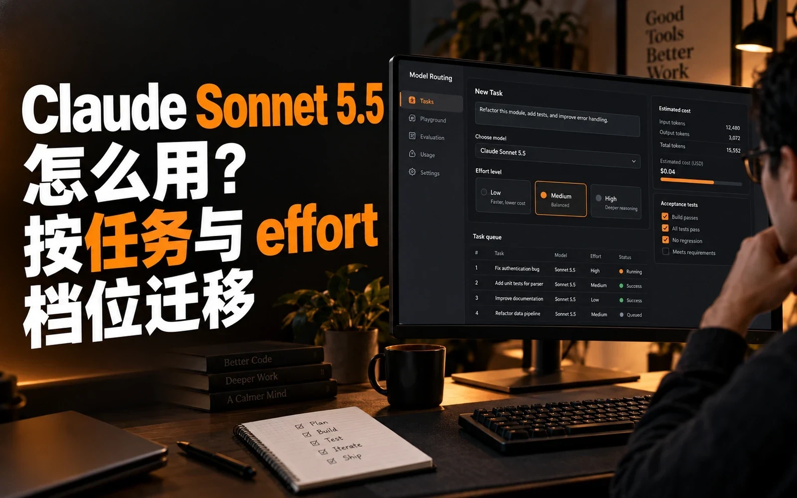 Claude Sonnet 5.5 任务路由工作台展示 effort、成本与验收状态