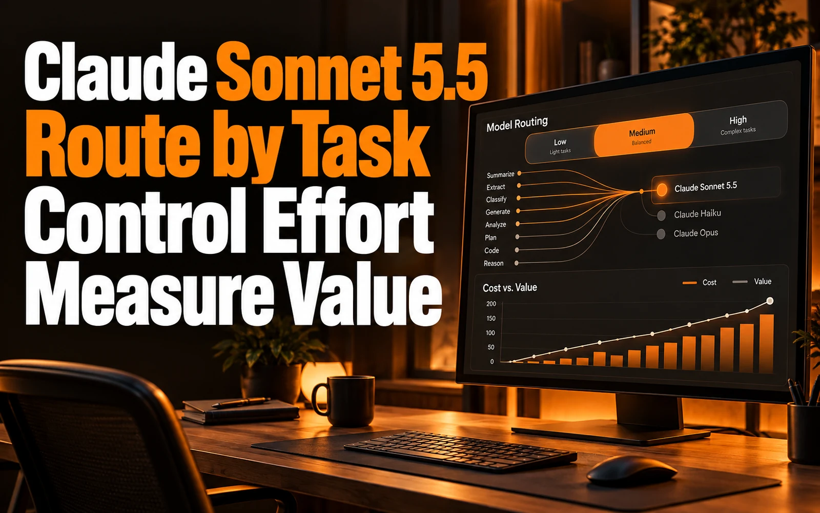 Claude Sonnet 5.5 routing dashboard shows effort, cost, and task acceptance