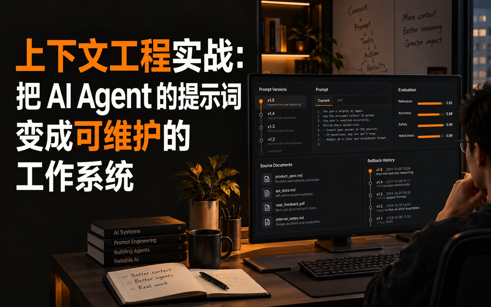 上下文工程工作台展示 AI Agent 提示词版本、评估结果与回滚路径