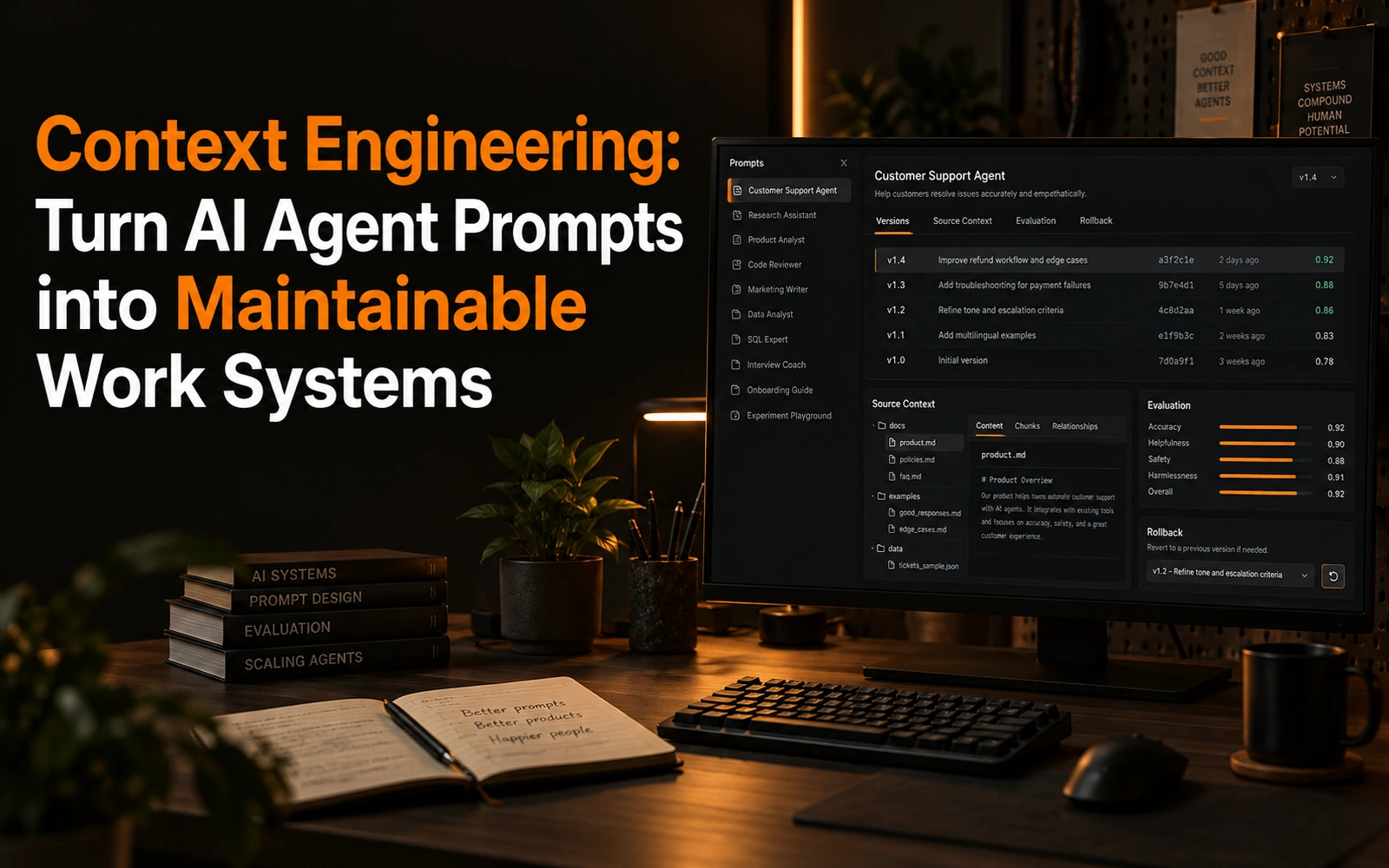 Context engineering workstation showing AI agent prompt versions, evaluations, and rollback
