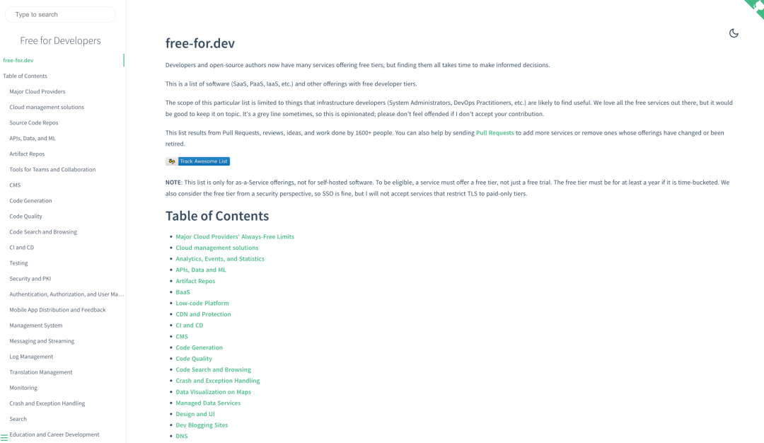 free-for.dev directory homepage and category navigation