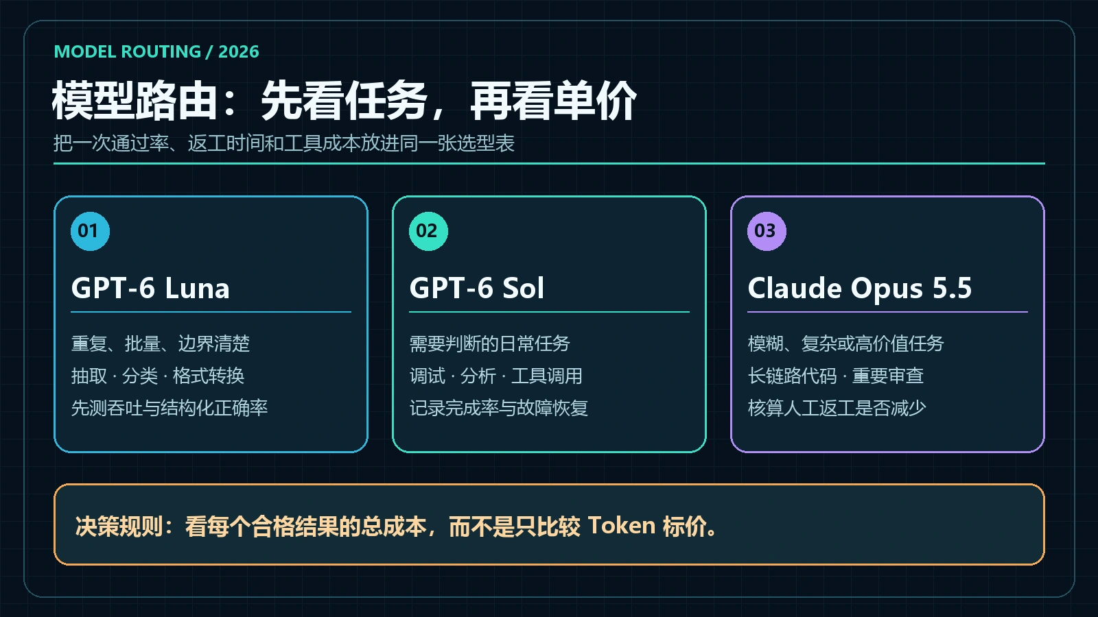 模型路由与成本决策图：GPT-6 Luna、GPT-6 Sol、Claude Opus 5.5 按任务后果、重复度和成本选择