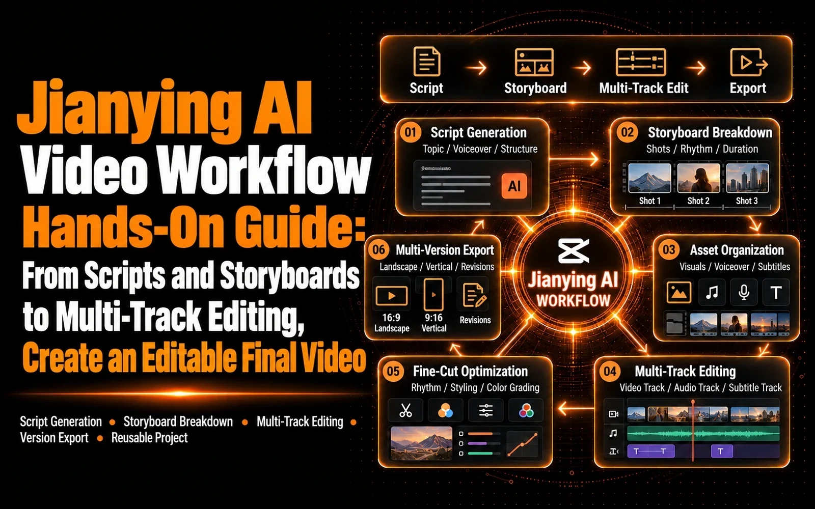AI video workflow showing shot planning, a multitrack timeline, and an editable final cut