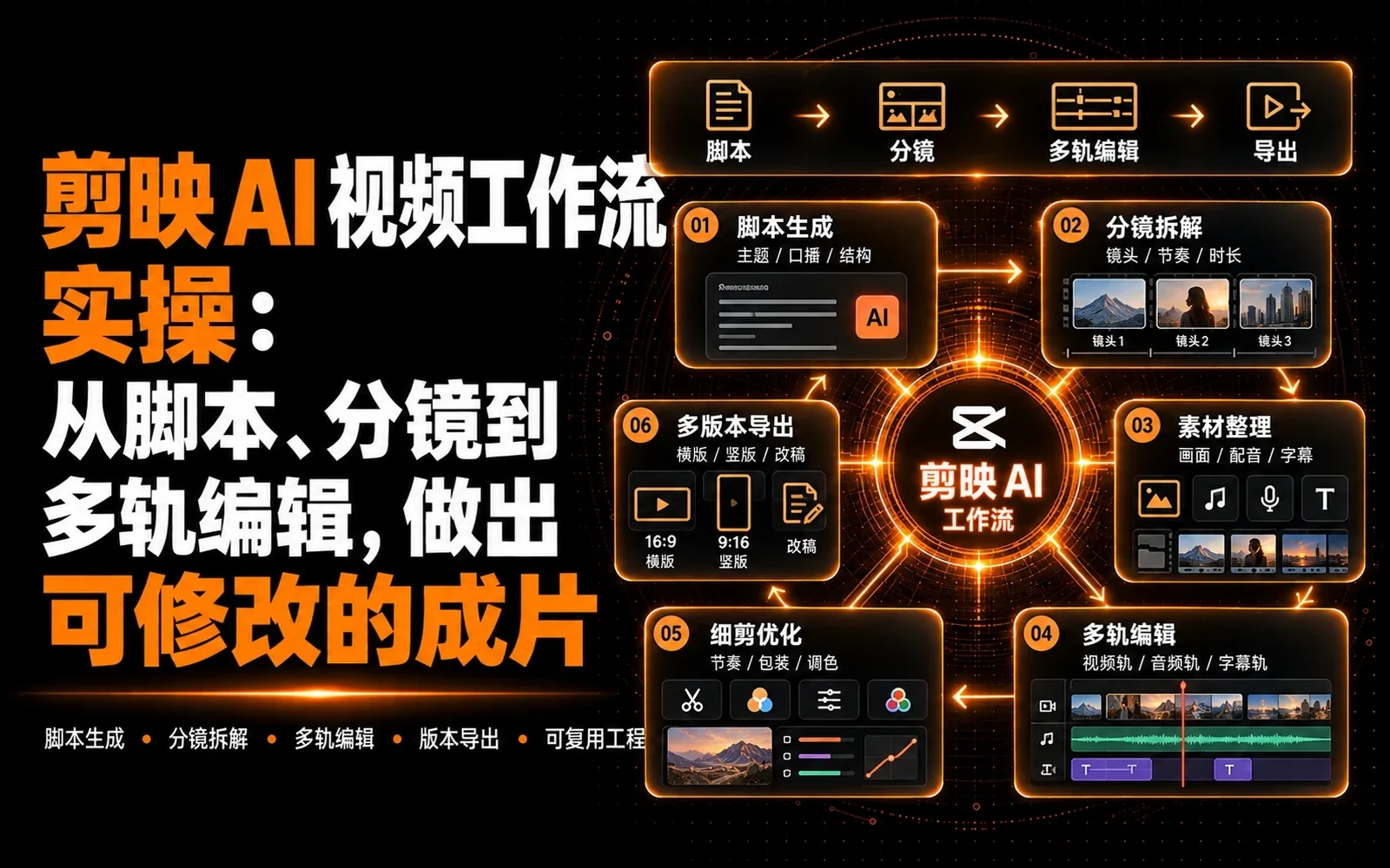 剪映 AI 视频工作流展示脚本、镜头表、多轨时间线与可编辑成片