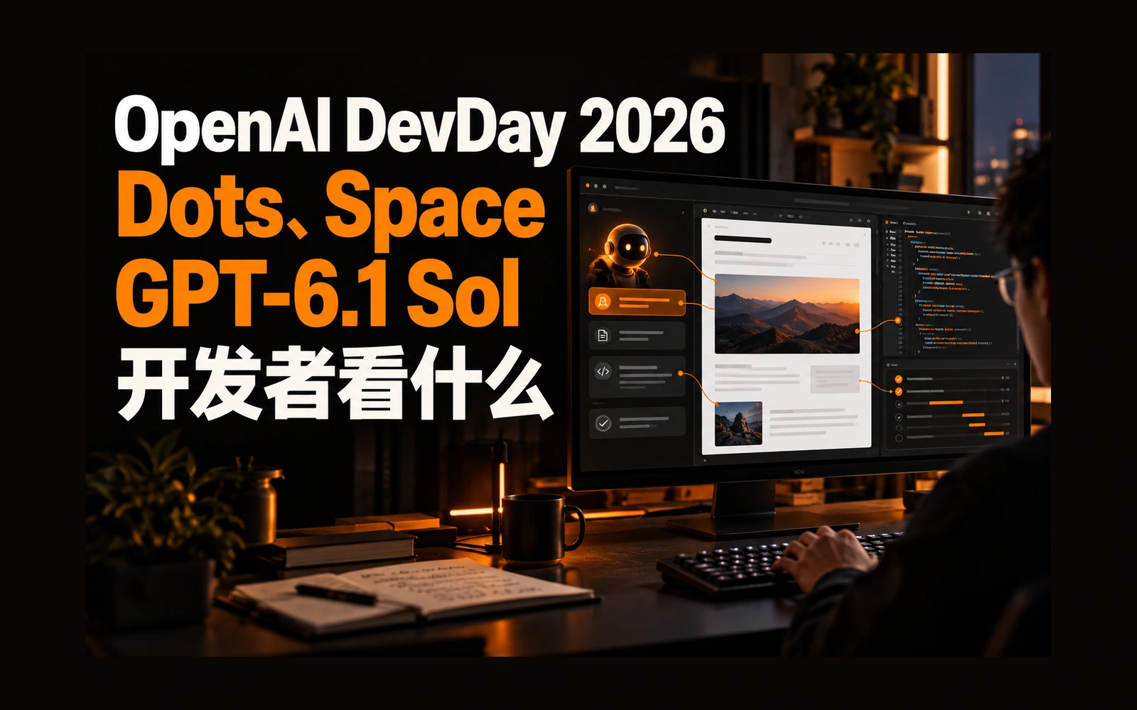 OpenAI DevDay 2026 橙色科技工作台呈现 Dots、Space 与 GPT-6.1 Sol 的开发工作流
