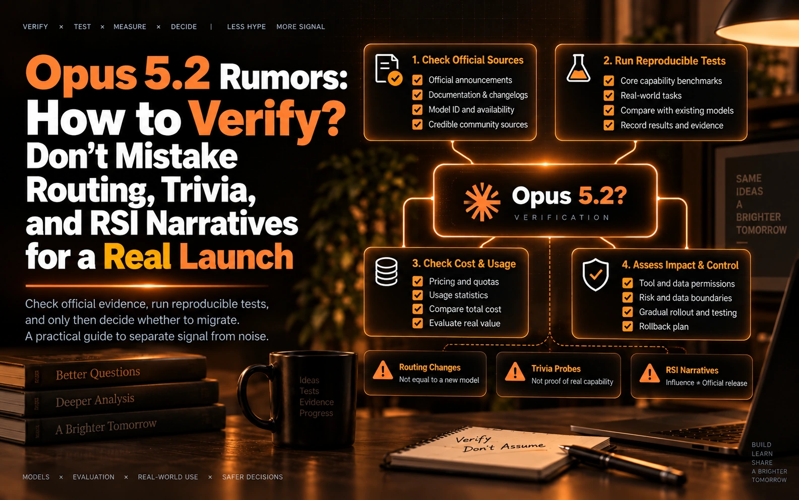 Opus 5.2 rumor verification workflow: official evidence, reproducible tests, cost records, and change control